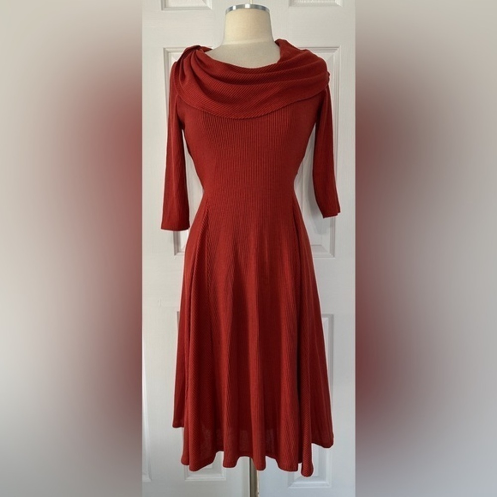 Signature by Robbie Bee Rust Ribbed Cowl Neck Fit & Flare Dress Size Small